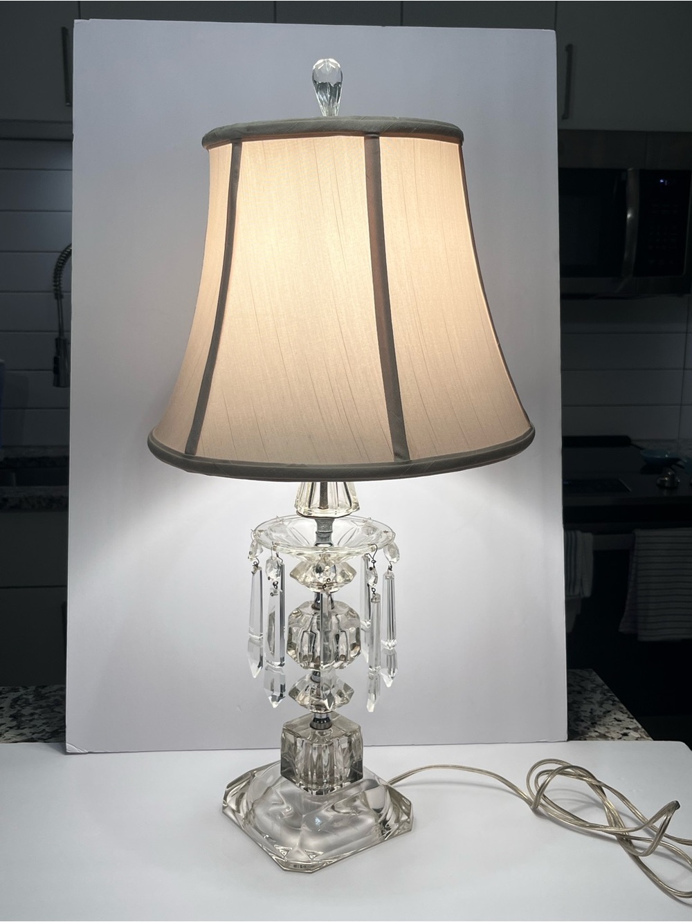Vintage Crystal Table Lamp With French Design Hanging Prisms 25”